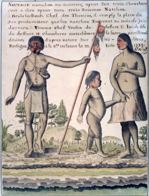Water color painting by French artist Alexandre de Batz depicting a Tunica chief painted for war, 1732.